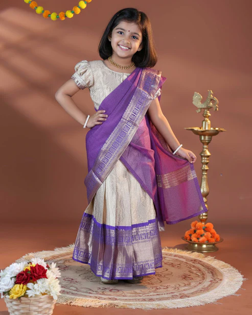 Girls' Traditional Pattu Pavadai Dhavani Set with Zari Border - Cream & Purple